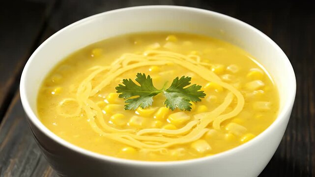 Delicious Golden Corn Soup with Noodles and Fresh Cilantro Garnish