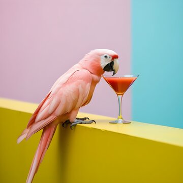 A pink parrot perched on a vibrant yellow ledge sipping from a martini glass filled with a citrus drink. Playful tropical scene with pastel tones and modern aesthetics.