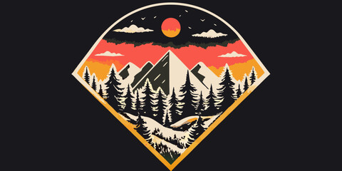 mountain landscape emblem vector illustration with sunset and pine trees © Tapan