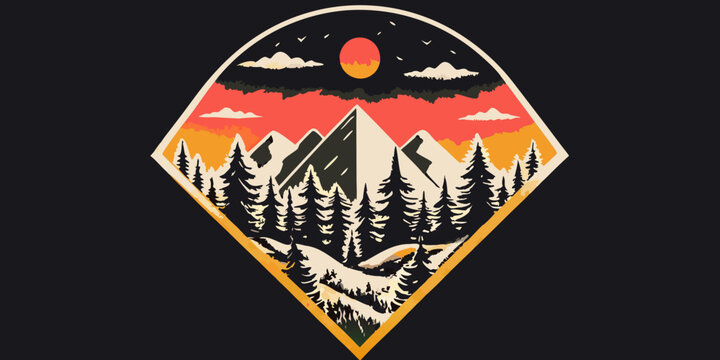 mountain landscape emblem vector illustration with sunset and pine trees