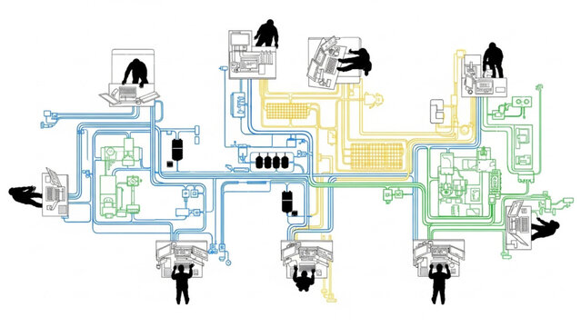 Top-Down City Utility Management Network with Water, Power and Communication Systems, CAD Architectural Blueprint Silhouette Vector Set on Isolated White Background