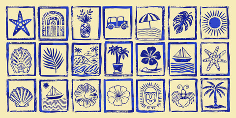 tropical stamp illustrations in blue linocut style with various motifs © Tapan