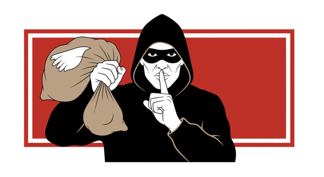 Mysterious hooded figure holding a sack of stolen goods, shushing with finger to lips