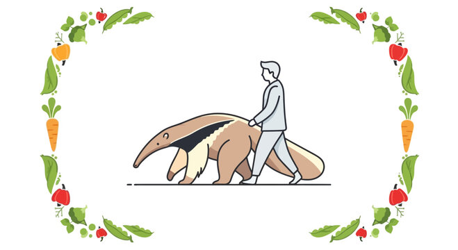 Man walking a giant anteater on a leash, surrounded by a vegetable border