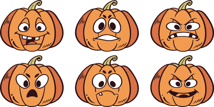 Set of cartoon pumpkin characters with various facial expressions