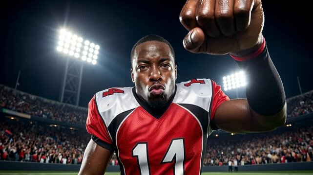 American football player celebrates victory under stadium lights, raising a clenched fist and roaring with excitement in front of a cheering crowd at night game