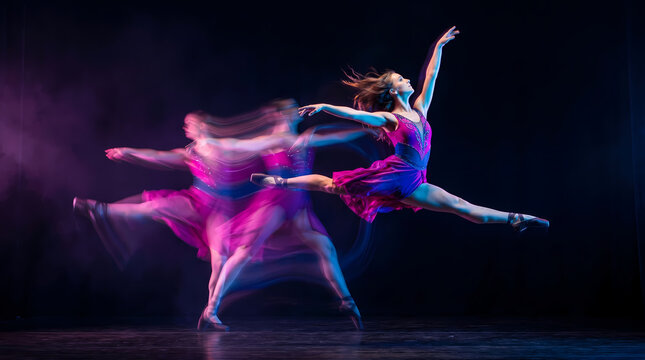 Artistic long exposure photography of a female ballet dancer in magenta dress jumping with motion blur strobe effect on dark background stage