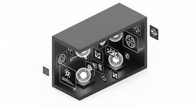Isometric Futuristic Technology Box with Holographic Digital Data UI