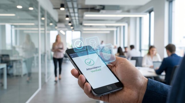 Mobile Attendance Verification System with Biometric Fingerprint Authentication and Smart Employee Check In App in Modern Office