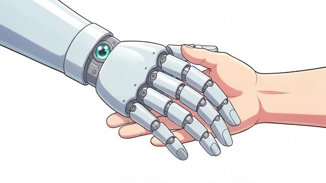 Robotic handshake sequence showing detailed mechanical fingers and human skin.