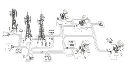 Obraz premium Top-Down Telecommunication Network Infrastructure with Technicians Managing Towers, Fiber Routes, Relay Stations and Connected Service Hubs in Thin Line CAD Architectural Silhouette Vector