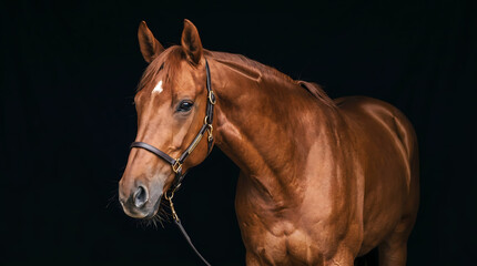 Obraz premium Professional studio photography of a majestic brown horse with leather halter profile portrait isolated on clean black background elegant animal wall art