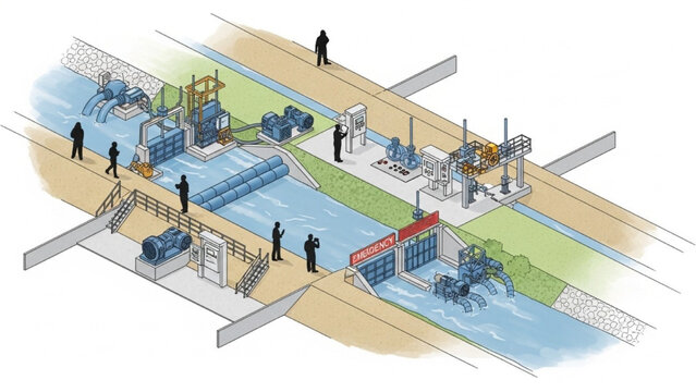 Isometric Flood Defense System Vector Illustration with Levees, Barriers, Pumps and Emergency Water Control Infrastructure, Civil Engineering CAD Sketch Concept