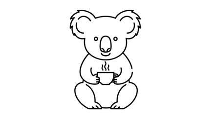 Fototapeta premium Cute Koala Holding a Steaming Coffee Cup, Minimalist Line Art Illustration
