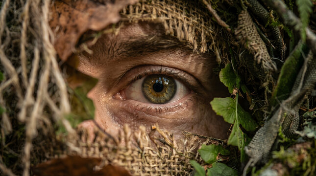 Intense close-up of a human eye looking through a hole in a camouflage ghillie suit made of burlap and forest leaves for stealth.