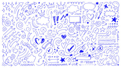 Obraz premium Handdrawn blue doodle elements arrows, hearts, stars, clouds, crowns, speech bubbles, checkmarks, and crosses on a white background