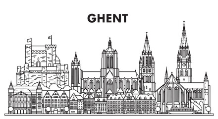 Fototapeta premium Ghent Cityscape Black and White Illustration of Belgian City