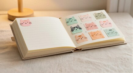 Fototapeta premium Open notebook displaying cat sticky notes on bedside table