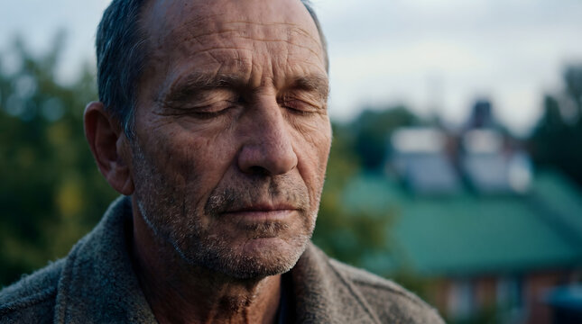 A mature man doing early morning meditation at modern off-grid luxury sustainable home green roof