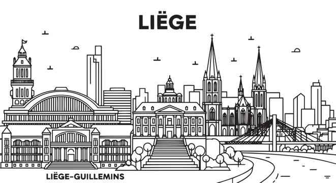 Liege Belgium Skyline Black and White Cityscape Illustration
