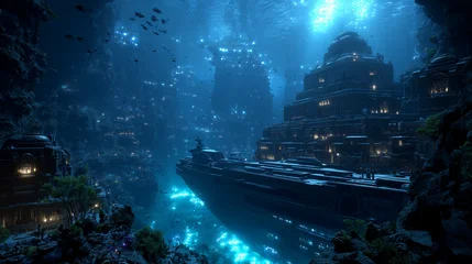 ultra realistic underwater canyon with a giant ancient shipwreck resting on the ocean floor, bioluminescent fish surrounding the ruins, cinematic underwater photography, highly detailed textures. © 逵翔 張