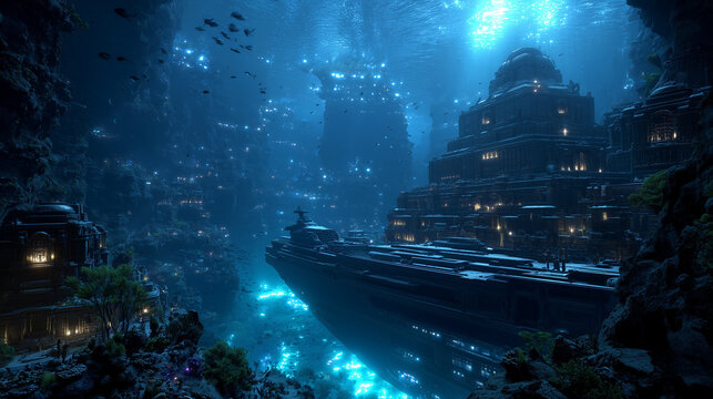 ultra realistic underwater canyon with a giant ancient shipwreck resting on the ocean floor, bioluminescent fish surrounding the ruins, cinematic underwater photography, highly detailed textures.