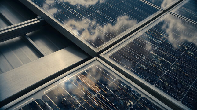 Macro detail of solar panel array reflecting clouds on modern off-grid luxury sustainable home roof