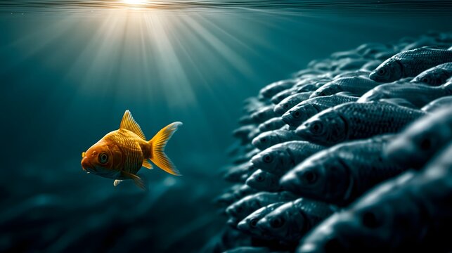 Goldfisch schwimmt alleine vor Fischschwarm als Symbol f&uuml;r Eigenst&auml;ndigkeit und F&uuml;hrung
