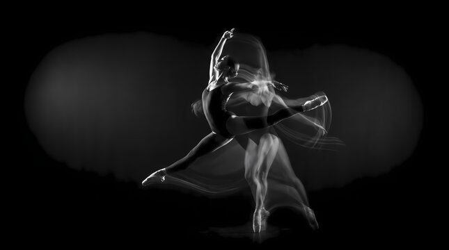 Artistic black and white long exposure photography of a ballerina dancing with motion blur effect moody high contrast monochrome theater performance poster