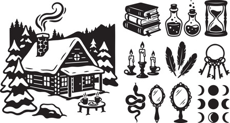 Naklejka premium Whimsical Black and White Vector Illustration Set Design
