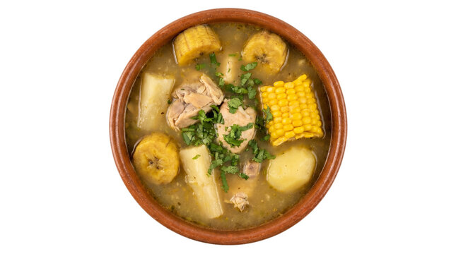 Bowl of Sancocho Soup with Plantain and Corn.