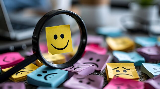 Lupe &uuml;ber lachendem Smiley zwischen negativen Emotionen als Symbol f&uuml;r positive Denkweise