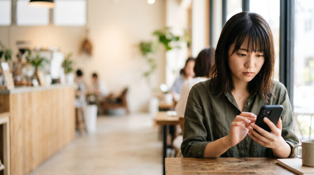 Serious Japanese woman checking stock market charts or savings on her smartphone in a cafe