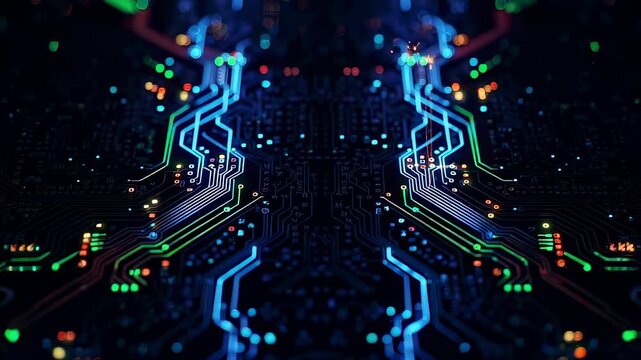 Glowing data lines moving across circuit board in extreme close-up, colorful electronic pathways micro components advanced semiconductor technology environment symbolizing digital processing power.