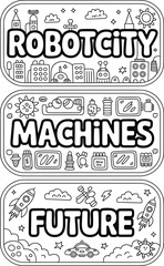 Obraz premium Robot city, machines, and future label set with doodle