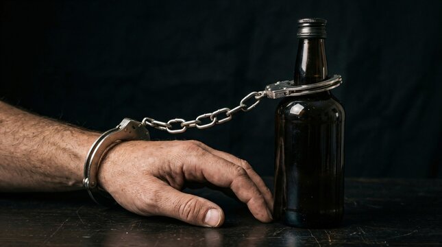 Handcuffed man holding a bottle of alcohol. Concept of alcoholism, addiction and crime. Social issue related to dangerous behavior and dependence on drugs or intoxicating substance.