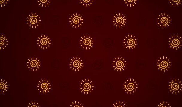 Seamless animation of stylized tribal sun symbols scrolling horizontally over a dark maroon background