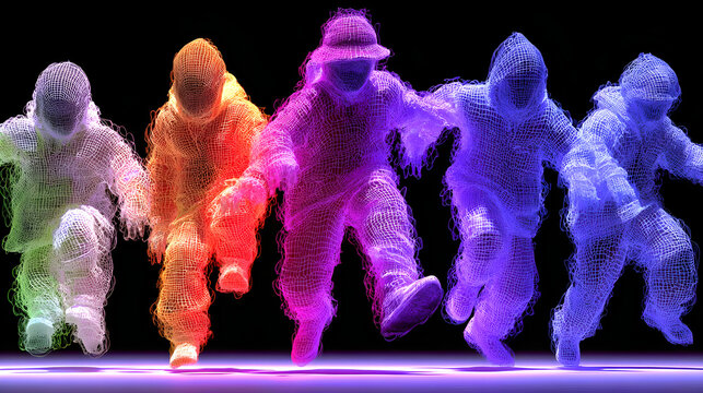 Group of colorful neon wireframe figures dancing in sync on dark background