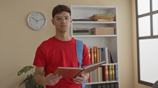Man holding an open book with backpack strap over shoulder and hands visible, standing by bookshelves and wall clock in a building; concentration.