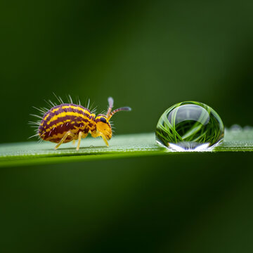 Tiny globule springtail with vibrant yellow and brown stripes walks along a slender green blade of grass next to a large crystal clear water droplet in this sharp macro photograph.