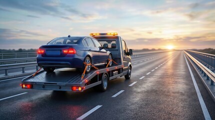 Naklejka premium Tow truck transporting a blue sedan on a flatbed along a highway at sunset, with a clear sky and distant trees visible in the background