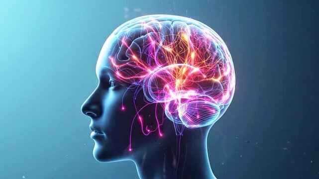 A video showcasing a human brain with vibrant neural connections in a futuristic setting