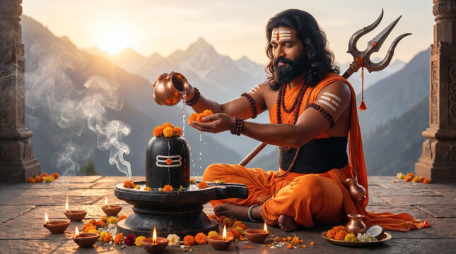 Machindranath Yogi performs sacred Abhishekam upon a revered Shiva Lingam at sunrise, amidst mist-covered mountains and golden morning light, symbolizing devotion, purity, spiritual wisdom, and divine