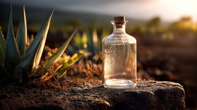 Traditional Raicilla in Crystal Glass at Golden Hour in Agave Fields