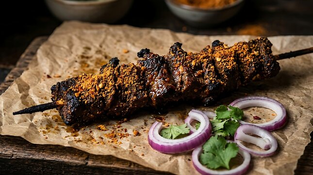 Beef Suya Skewer with Coarse Peanut Chili Spice Crust on Parchment Paper