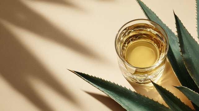 Top view of raicilla served in a minimalist crystal glass surrounded by agave leaves on a beige background