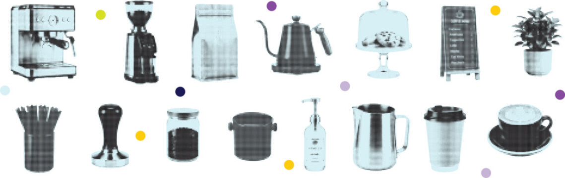 Halftone, pop art, dot, halftone collage elements set, cut out coffee shop equipment collection vector illustration