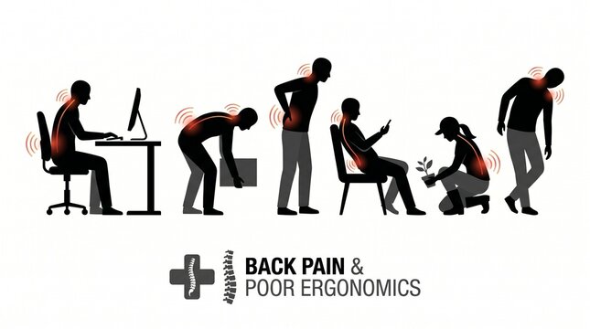 Silhouette illustration showing five figures with back pain from poor ergonomics, emphasizing posture-related strain, discomfort, and spinal stress in daily activities and work settings.