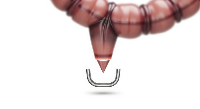 Detailed digital illustration showing a medical procedure involving the human colon and a small surgical device for diagnostic health analysis