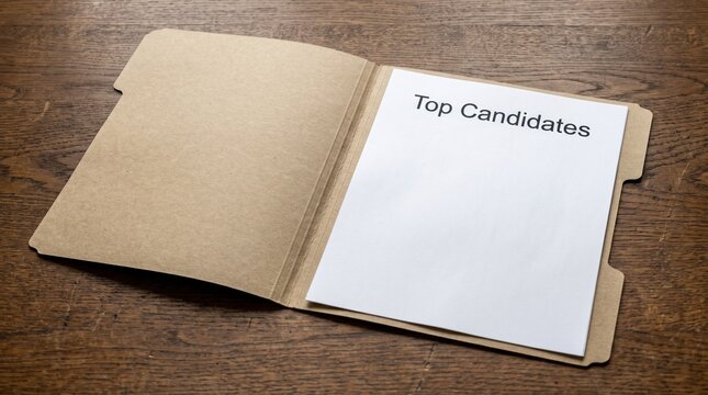 Open cardboard folder with white paper containing text Top Candidates on wooden table, concept of recruitment and human resources.